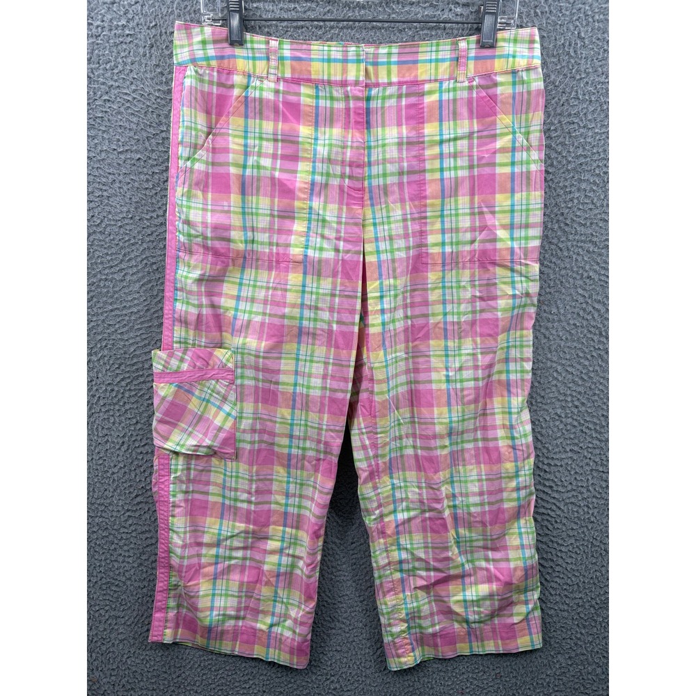 Lilly Pulitzer Crop Pants Women 8 Pink Plaid Cargo Cotton Blend Preppy